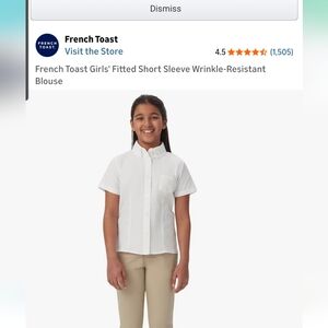 French Toast Girls Short Sleeve White Blouse. Button up Uniform Shirt. 18 Plus.